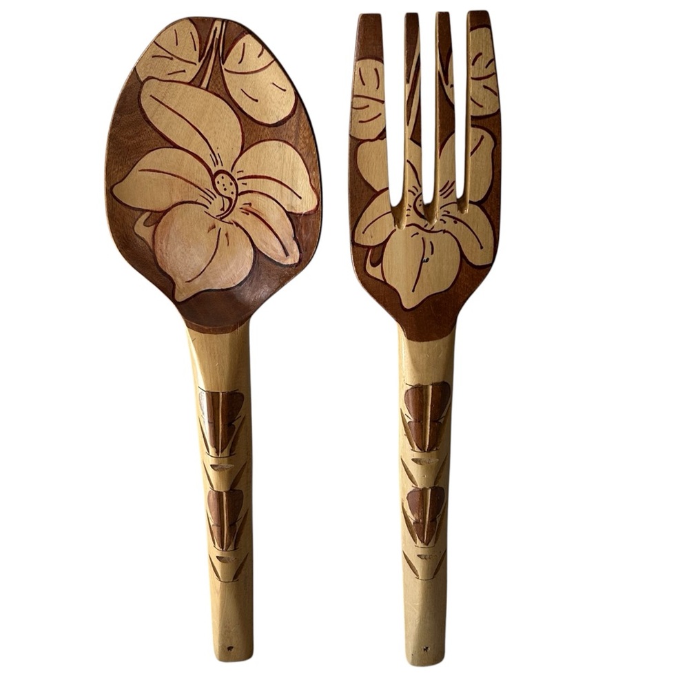 Vintage Hand Carved / Painted Floral Wooden Spoon & Fork All Art Accent Pieces